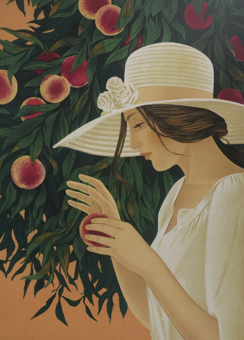 Yves GANNE : La cueillette des pêches, Lithographie originale signée