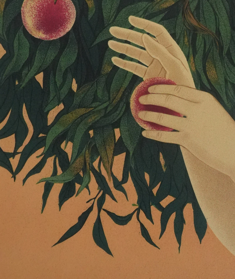 Yves GANNE : La cueillette des pêches, Lithographie originale signée