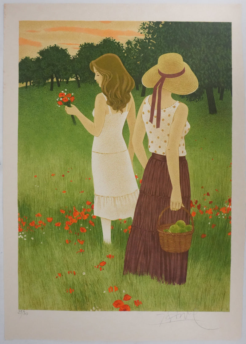 Yves GANNE : La cueillette des coquelicots II, Lithographie originale signée