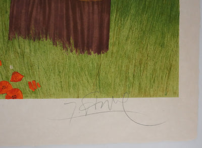 Yves GANNE : La cueillette des coquelicots II, Lithographie originale signée