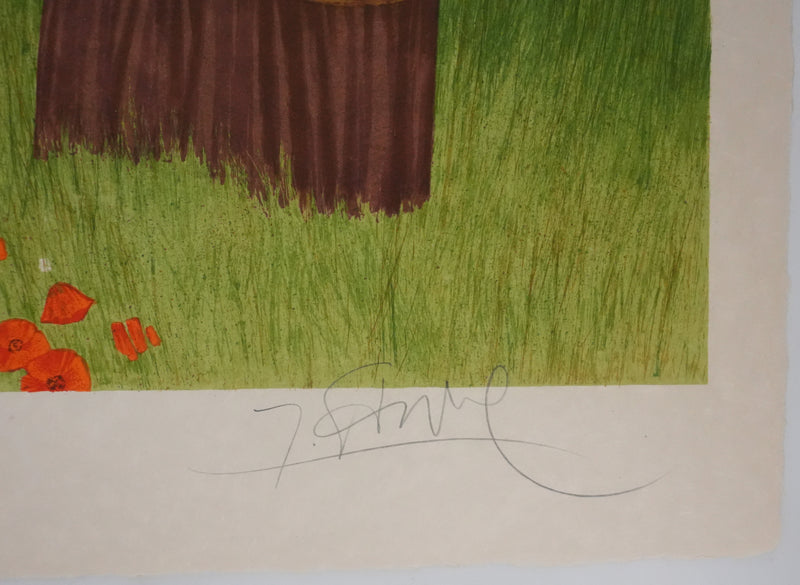 Yves GANNE : La cueillette des coquelicots II, Lithographie originale signée
