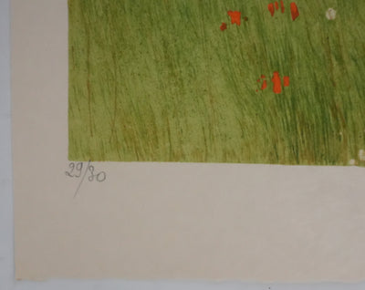Yves GANNE : La cueillette des coquelicots II, Lithographie originale signée