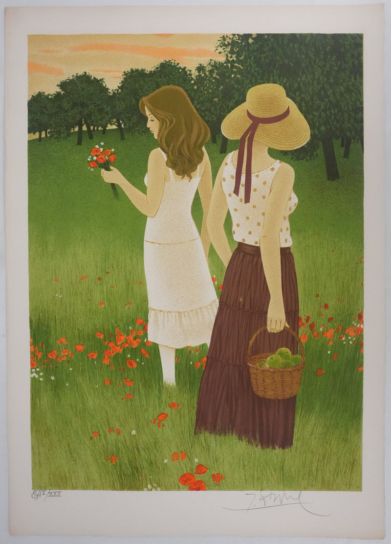 Yves GANNE : La cueillette des coquelicots, Lithographie originale signée