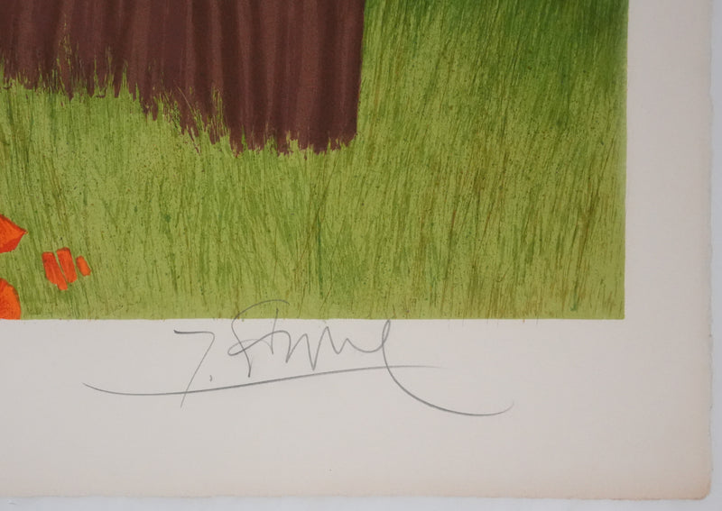 Yves GANNE : La cueillette des coquelicots, Lithographie originale signée