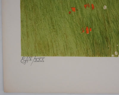 Yves GANNE : La cueillette des coquelicots, Lithographie originale signée