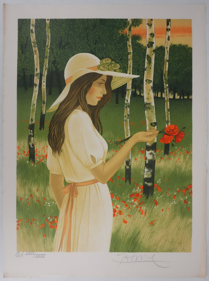 Yves GANNE : Le coquelicot dans les mains, Lithographie originale signée