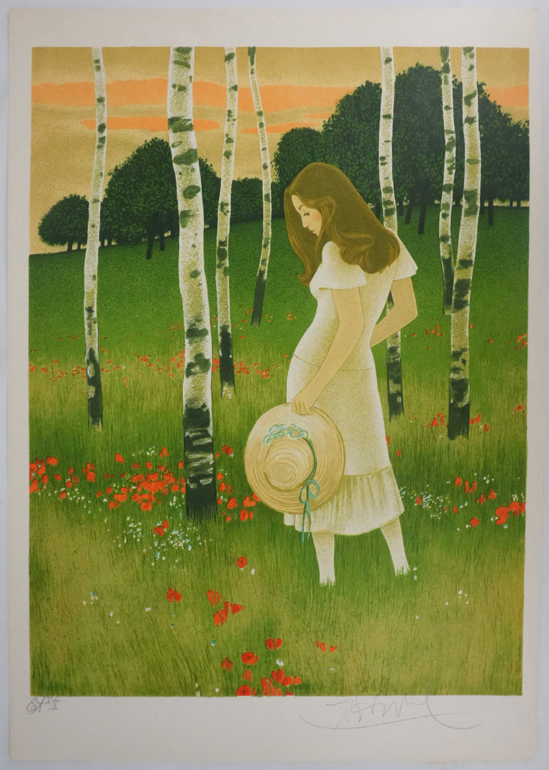 Yves GANNE : Femme au chapeau II, Lithographie originale signée