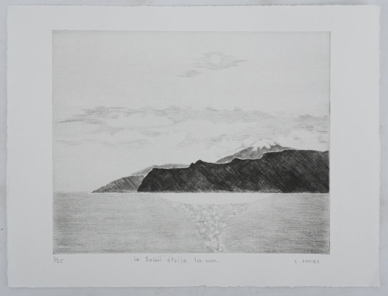 Camille COMBE : Le soleil étoile la mer, Gravure originale signée