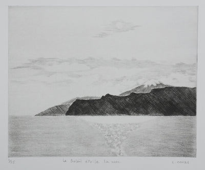 Camille COMBE : Le soleil étoile la mer, Gravure originale signée
