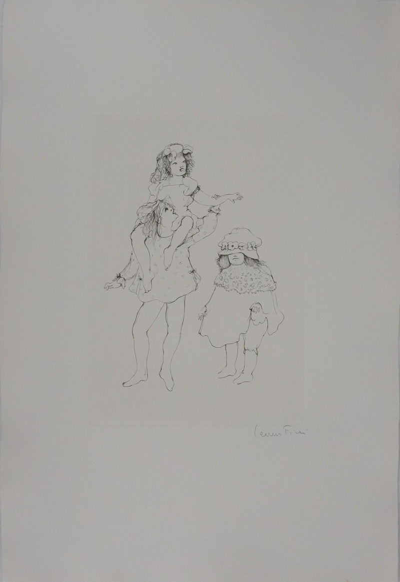 Léonor FINI : Les petites filles jouant (noir), Gravure originale signée