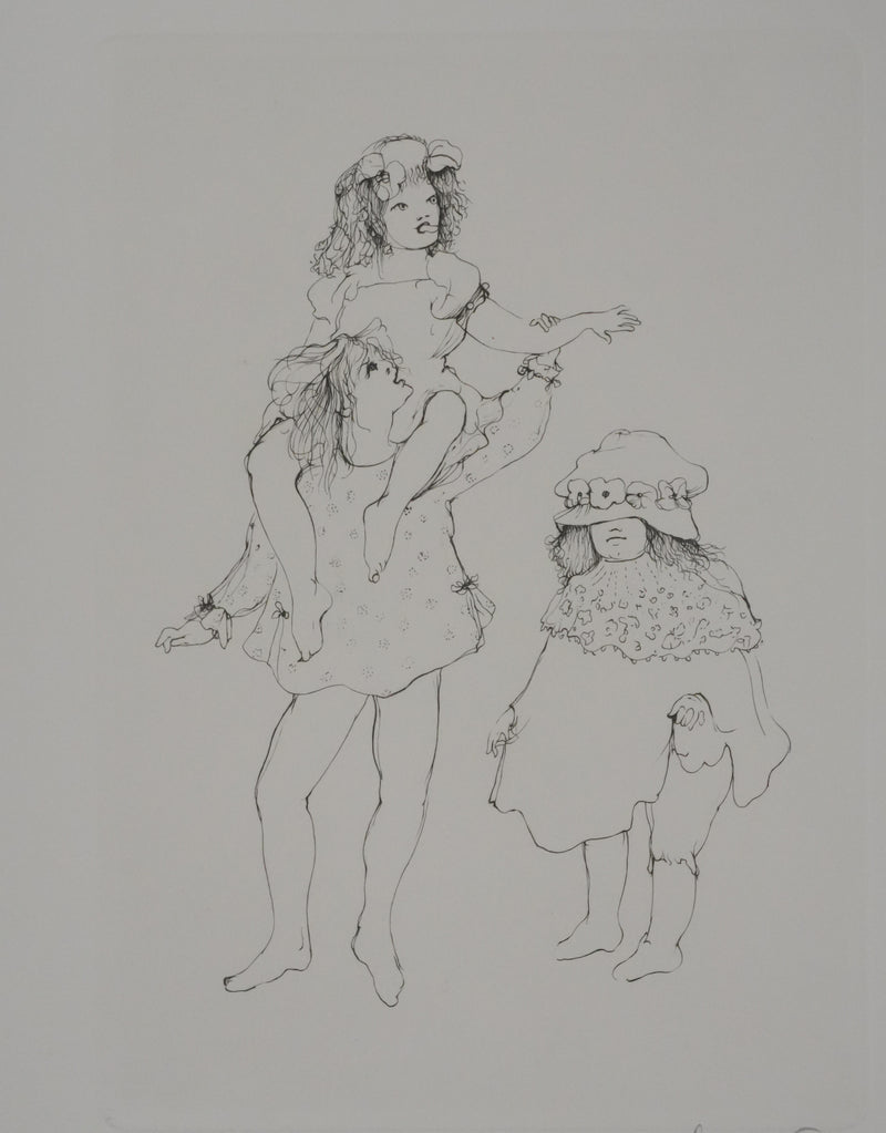 Léonor FINI : Les petites filles jouant (noir), Gravure originale signée