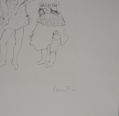 Léonor FINI : Les petites filles jouant (noir), Gravure originale signée
