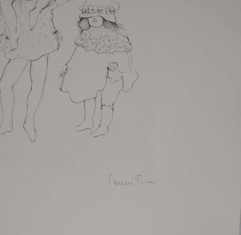 Léonor FINI : Les petites filles jouant (noir), Gravure originale signée