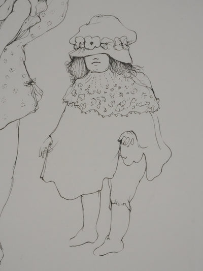 Léonor FINI : Les petites filles jouant (noir), Gravure originale signée