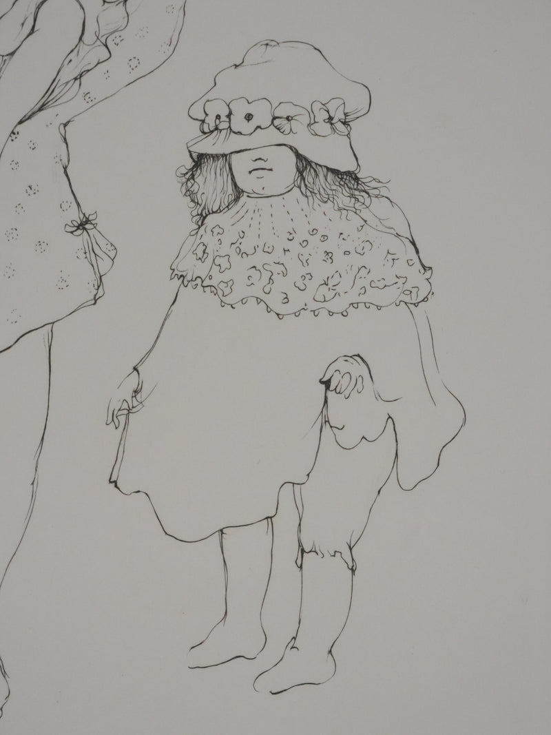 Léonor FINI : Les petites filles jouant (noir), Gravure originale signée