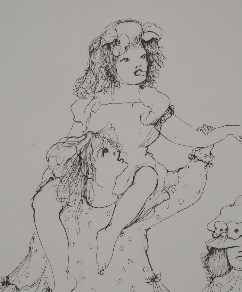 Léonor FINI : Les petites filles jouant (noir), Gravure originale signée