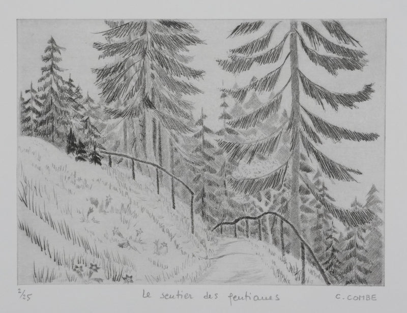Camille COMBE : Le sentier des gentianes, Gravure originale signée