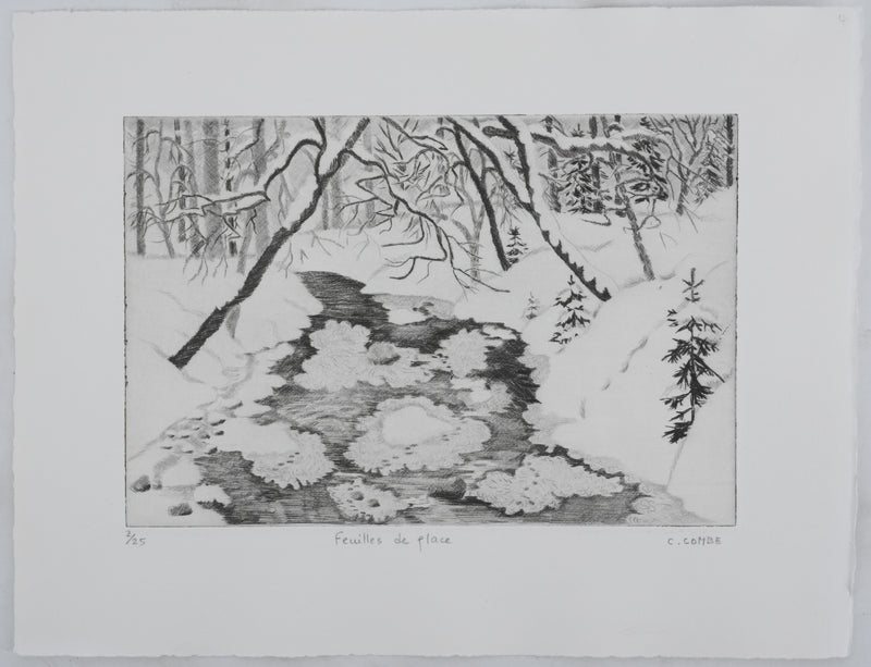 Camille COMBE : Feuilles de glace, Gravure originale signée