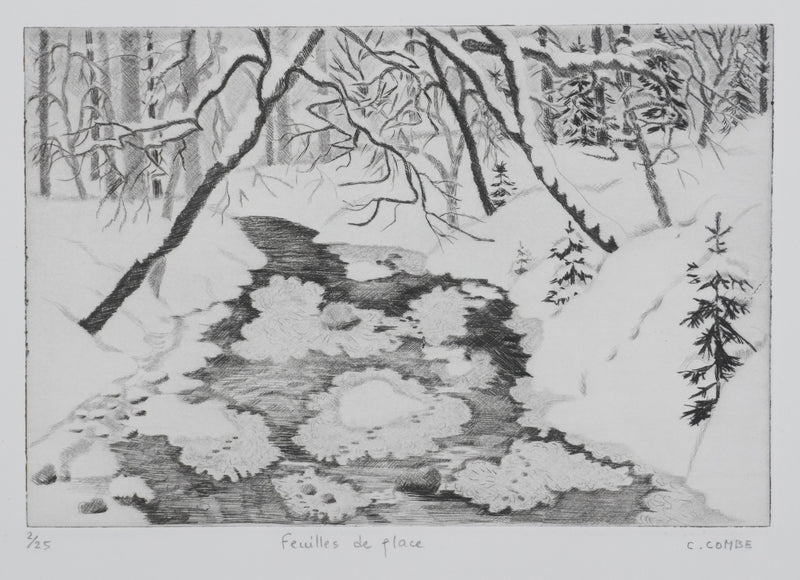 Camille COMBE : Feuilles de glace, Gravure originale signée