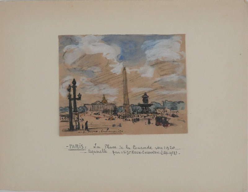 Joseph-Victor ROUX-CHAMPION : Paris, Vue de la Place de la Concorde, Aquarelle originale signée