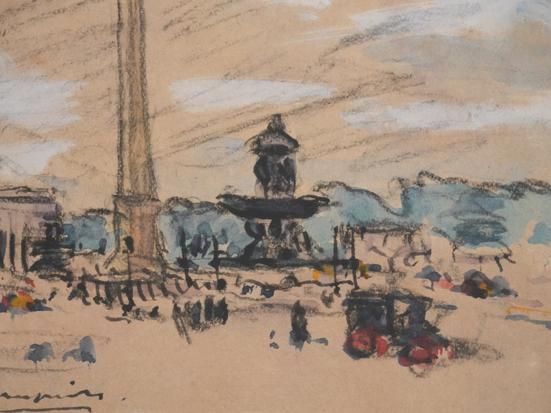 Joseph-Victor ROUX-CHAMPION : Paris, Vue de la Place de la Concorde, Aquarelle originale signée