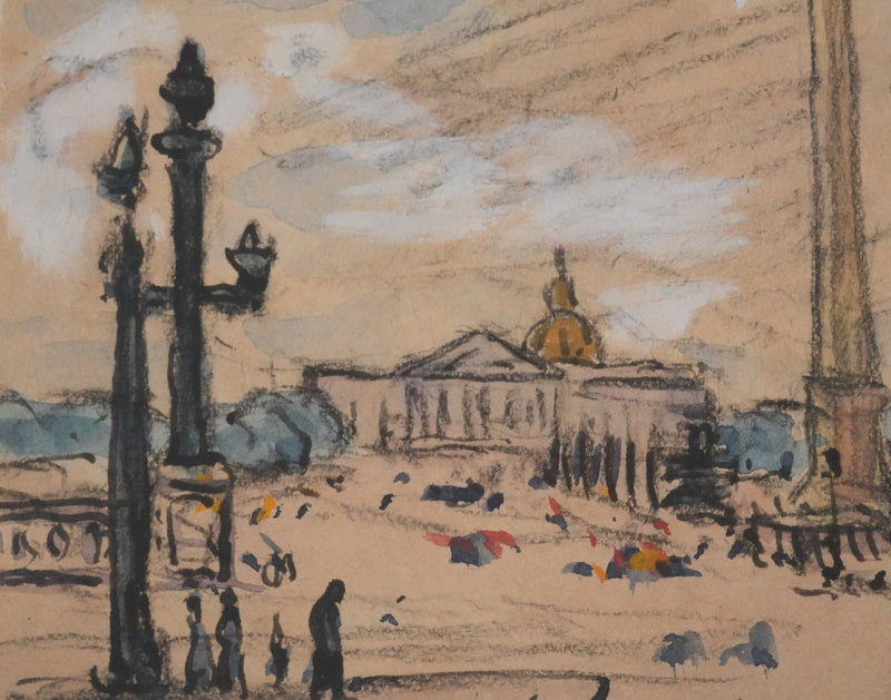 Joseph-Victor ROUX-CHAMPION : Paris, Vue de la Place de la Concorde, Aquarelle originale signée