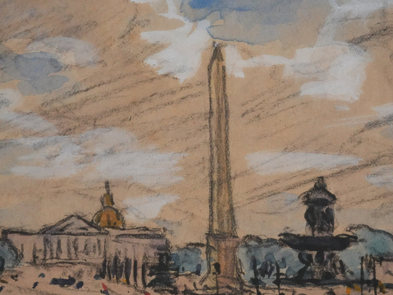 Joseph-Victor ROUX-CHAMPION : Paris, Vue de la Place de la Concorde, Aquarelle originale signée