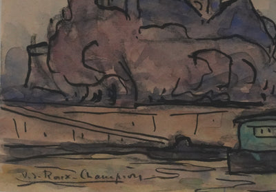 Joseph-Victor ROUX-CHAMPION : Paris, Vue depuis la Seine sur l'église Saint Gervais, Aquarelle originale signée
