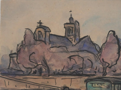 Joseph-Victor ROUX-CHAMPION : Paris, Vue depuis la Seine sur l'église Saint Gervais, Aquarelle originale signée