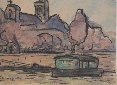 Joseph-Victor ROUX-CHAMPION : Paris, Vue depuis la Seine sur l'église Saint Gervais, Aquarelle originale signée