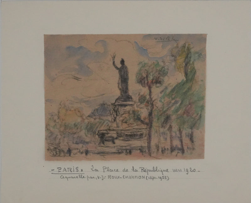 Joseph-Victor ROUX-CHAMPION : Paris, Promenade à la Place de la Bastille, Aquarelle originale signée