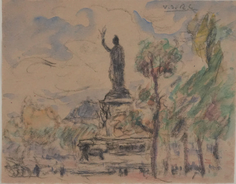Joseph-Victor ROUX-CHAMPION : Paris, Promenade à la Place de la Bastille, Aquarelle originale signée
