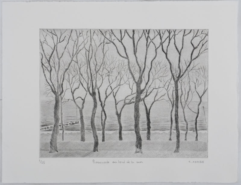 Camille COMBE : Promenade au bord de la mer, Gravure originale signée