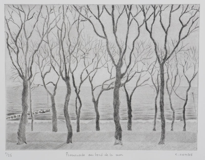 Camille COMBE : Promenade au bord de la mer, Gravure originale signée