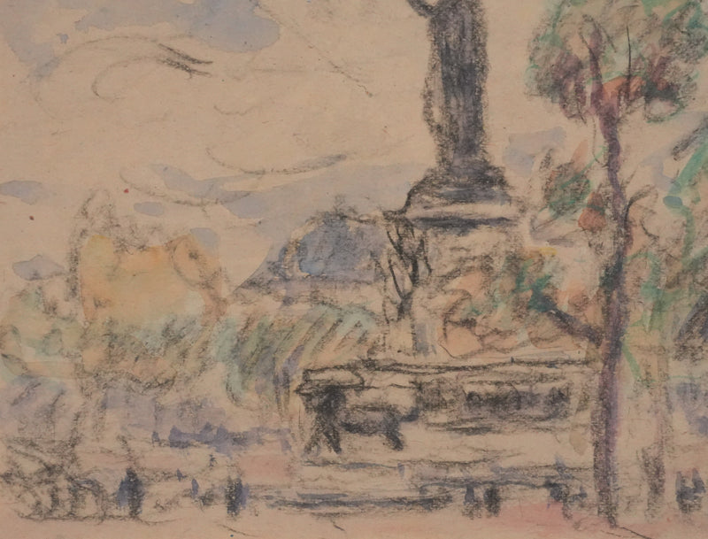 Joseph-Victor ROUX-CHAMPION : Paris, Promenade à la Place de la Bastille, Aquarelle originale signée