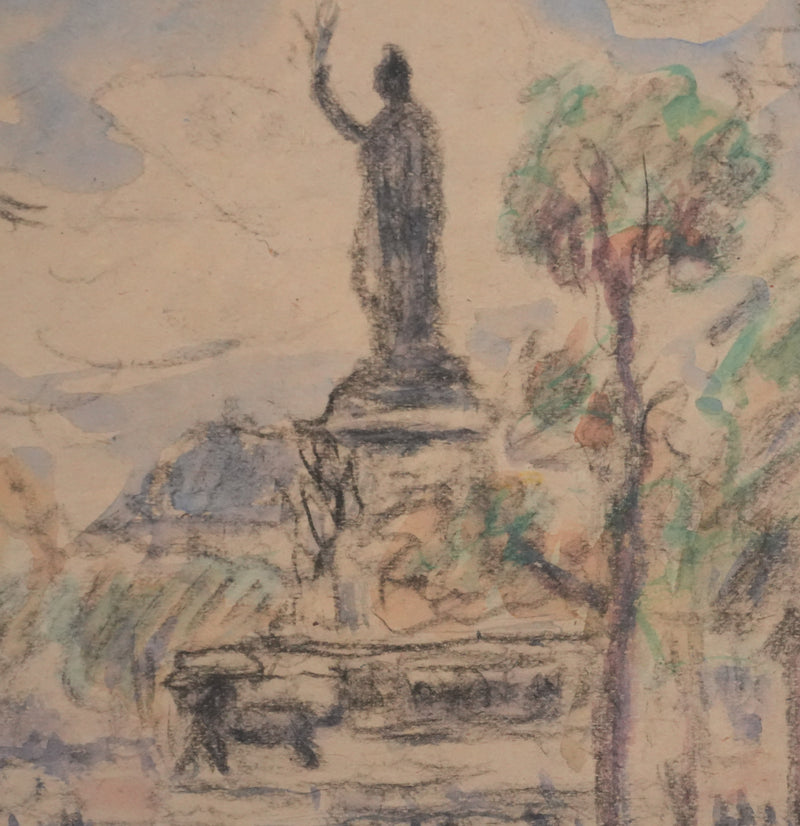 Joseph-Victor ROUX-CHAMPION : Paris, Promenade à la Place de la Bastille, Aquarelle originale signée