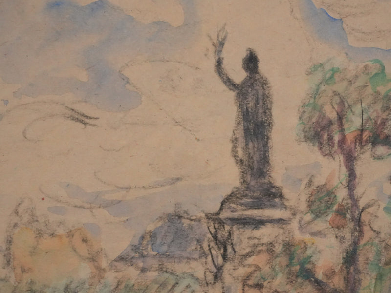 Joseph-Victor ROUX-CHAMPION : Paris, Promenade à la Place de la Bastille, Aquarelle originale signée