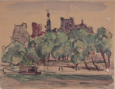 Joseph-Victor ROUX-CHAMPION : Paris, L'Hôtel de Ville depuis le Quai aux fleurs, Aquarelle originale signée