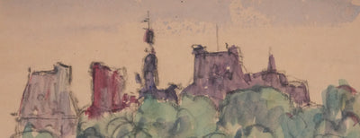 Joseph-Victor ROUX-CHAMPION : Paris, L'Hôtel de Ville depuis le Quai aux fleurs, Aquarelle originale signée