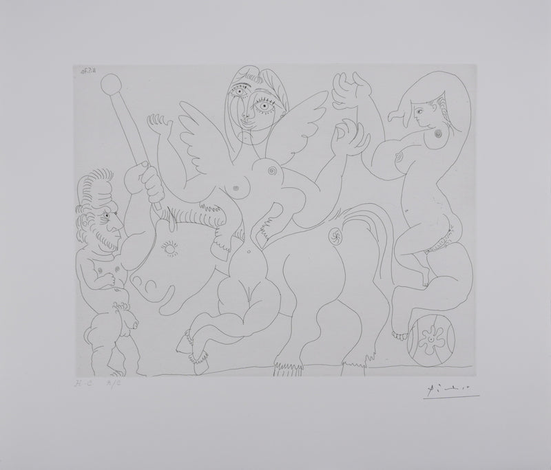 Pablo PICASSO : Les 156, Dompteur, écuyère-jument ailée, et acrobate à la boule, Gravure originale signée