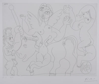 Pablo PICASSO : Les 156, Dompteur, écuyère-jument ailée, et acrobate à la boule, Gravure originale signée