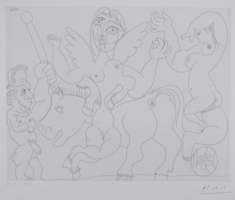 Pablo PICASSO : Les 156, Dompteur, écuyère-jument ailée, et acrobate à la boule, Gravure originale signée