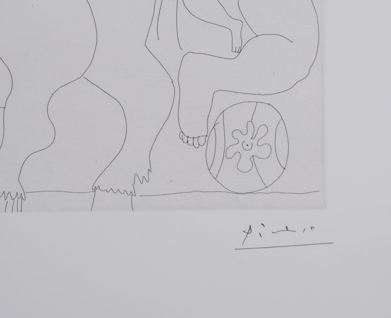 Pablo PICASSO : Les 156, Dompteur, écuyère-jument ailée, et acrobate à la boule, Gravure originale signée