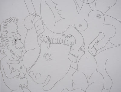 Pablo PICASSO : Les 156, Dompteur, écuyère-jument ailée, et acrobate à la boule, Gravure originale signée