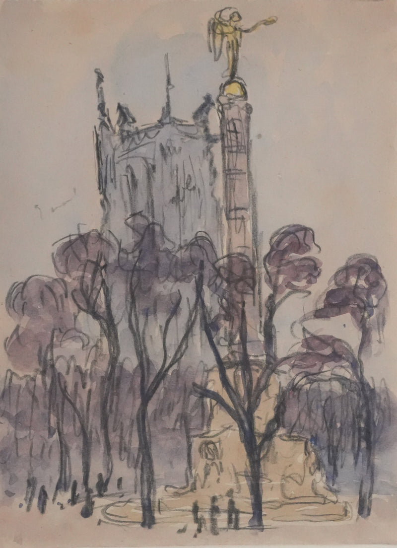 Joseph-Victor ROUX-CHAMPION : Paris, La place du Châtelet et la Tour Saint Jacques, Aquarelle originale