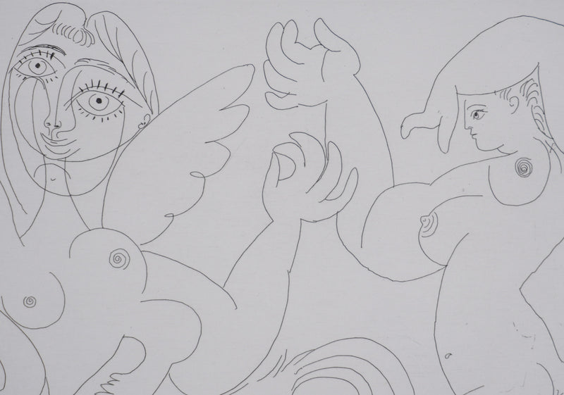 Pablo PICASSO : Les 156, Dompteur, écuyère-jument ailée, et acrobate à la boule, Gravure originale signée