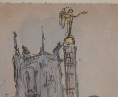 Joseph-Victor ROUX-CHAMPION : Paris, La place du Châtelet et la Tour Saint Jacques, Aquarelle originale