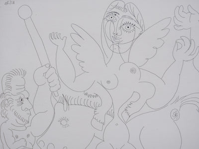 Pablo PICASSO : Les 156, Dompteur, écuyère-jument ailée, et acrobate à la boule, Gravure originale signée