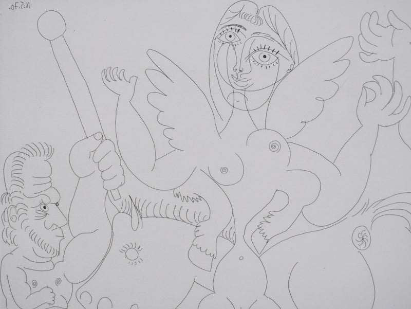 Pablo PICASSO : Les 156, Dompteur, écuyère-jument ailée, et acrobate à la boule, Gravure originale signée