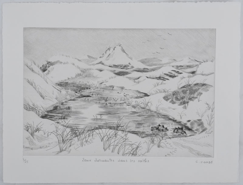 Camille COMBE : Eaux dormantes dans les sables, Gravure originale signée